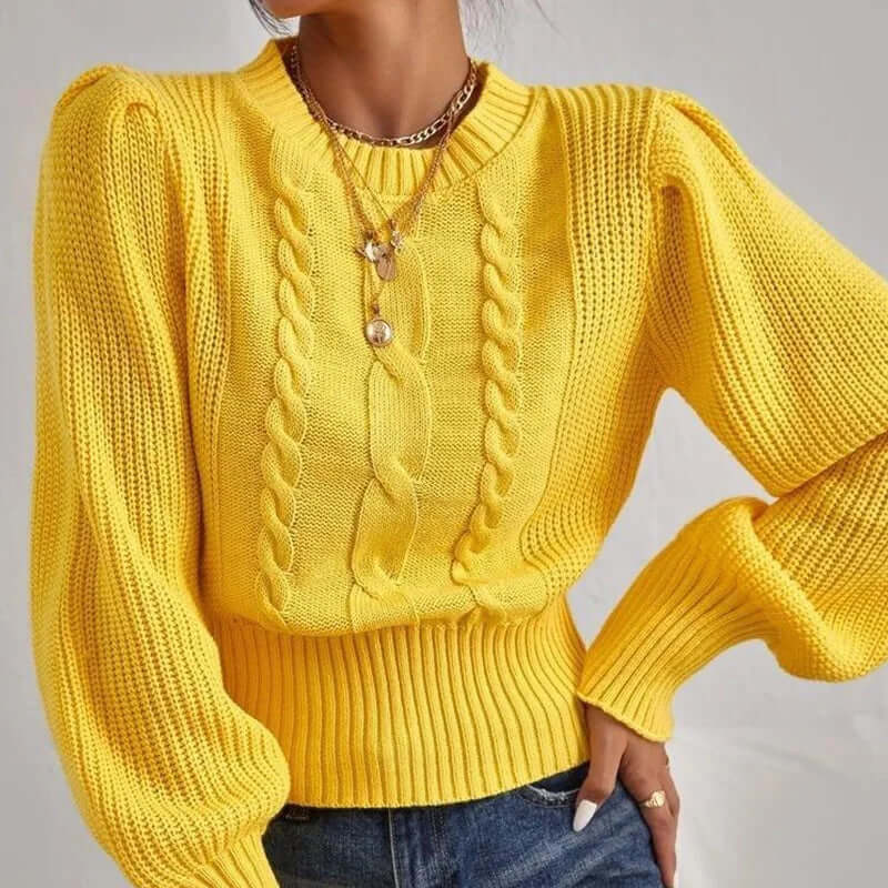 Women's comfy knitted round neck sweater with elegant lantern sleeves. Ideal chic pullover for fall style.