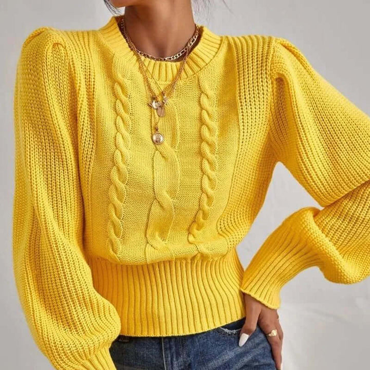 Women's comfy knitted round neck sweater with elegant lantern sleeves. Ideal chic pullover for fall style.