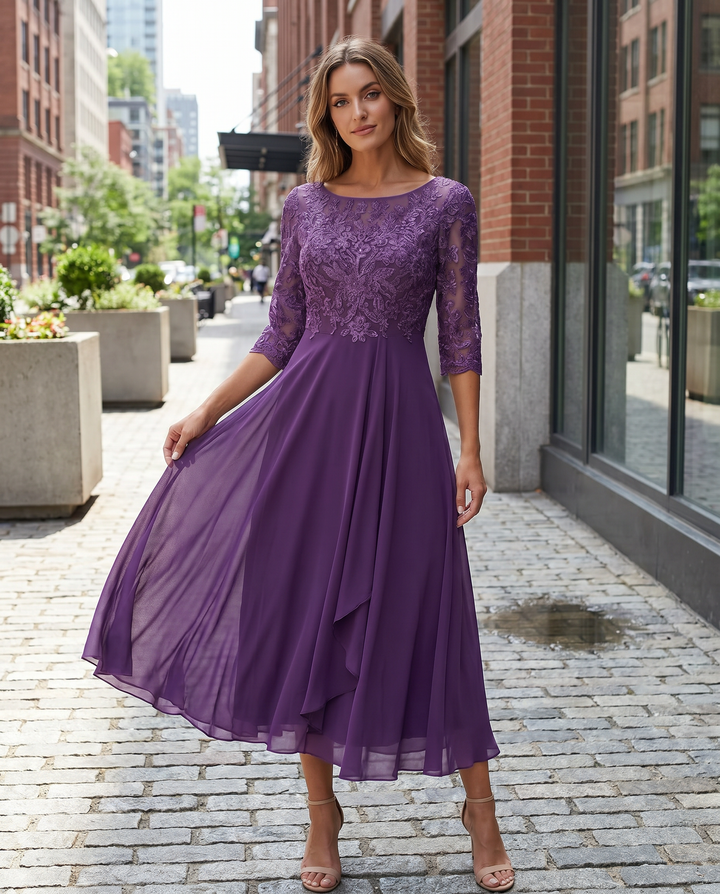 Women's elegant lace bodice midi dress, perfect for formal parties & special occasion wear.