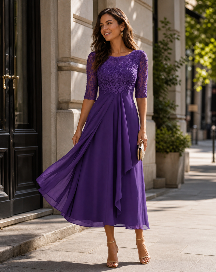 Sophisticated women's midi dress with intricate lace bodice detail, ideal for evening events.
