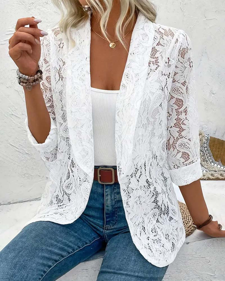 Women's elegant lace trim blazer, perfect for office wear or formal occasions. Classic style sophisticated outerwear.