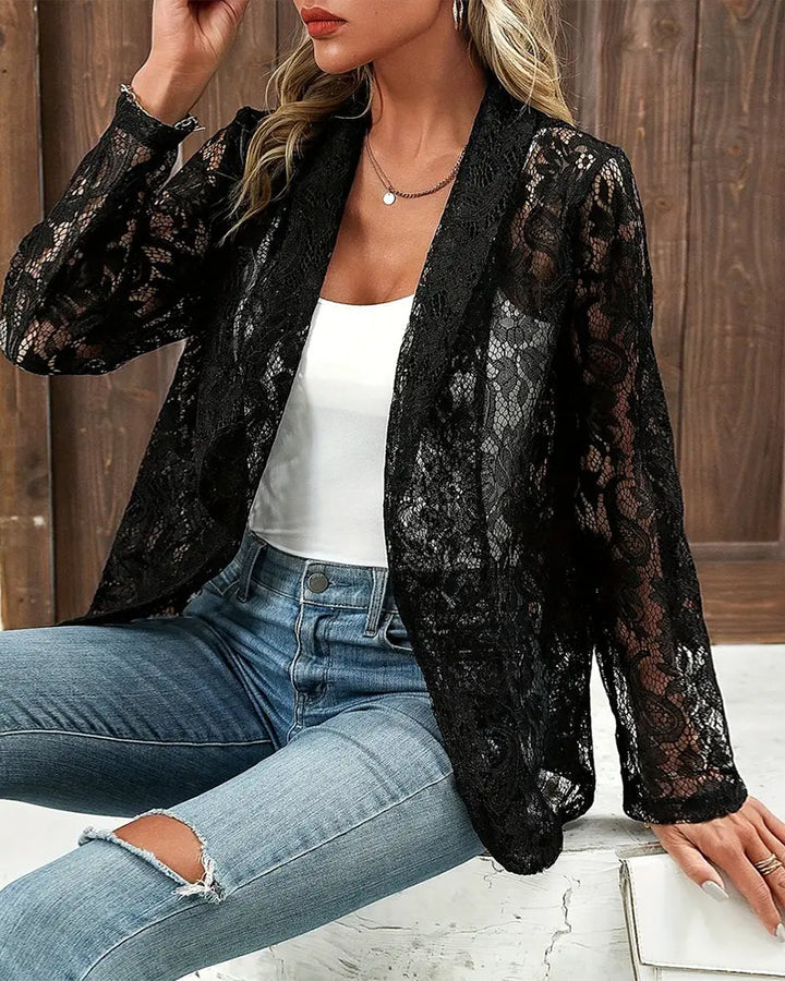 Fashionable women's solid color lace trim blazer jacket. Versatile for spring, summer, or elegant office wear.