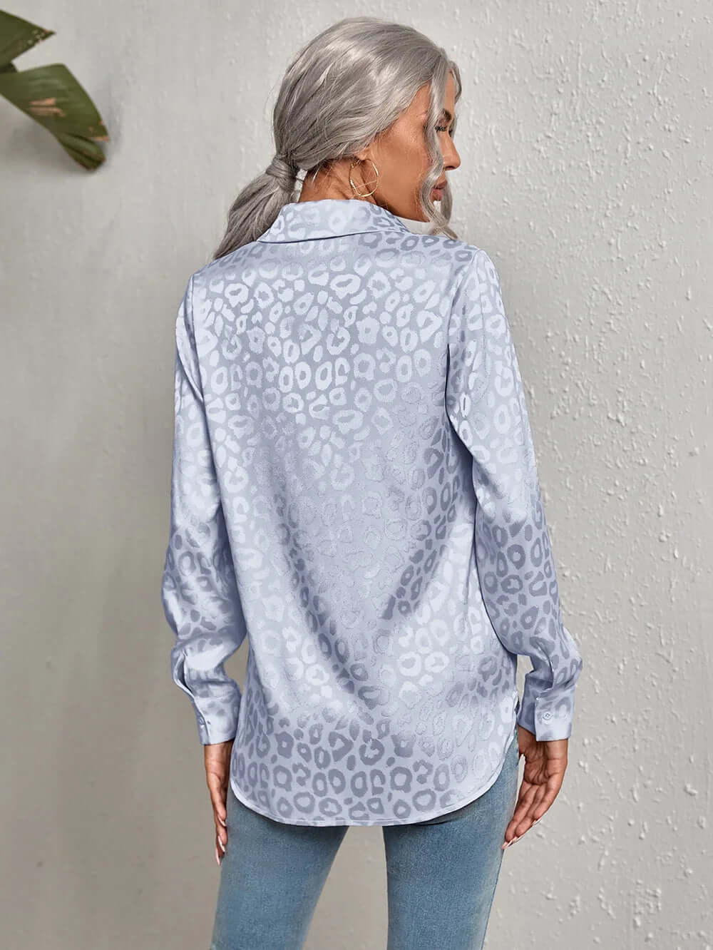 Premium women's long sleeve blouse featuring elegant leopard jacquard print.