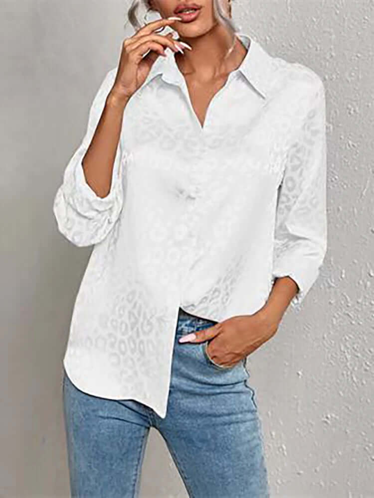 Fashionable women's leopard print blouse, elegant jacquard long sleeve top.