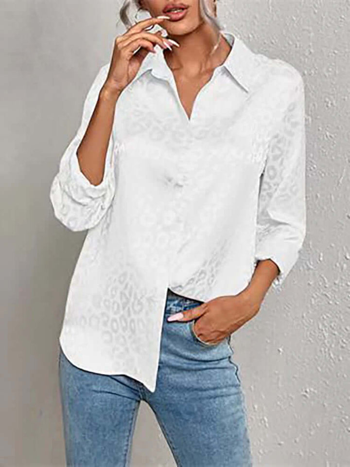 Fashionable women's leopard print blouse, elegant jacquard long sleeve top.