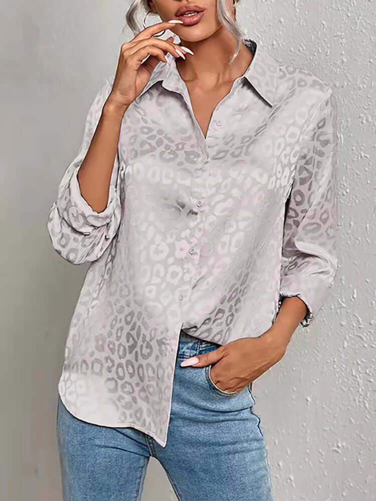 Women's chic long sleeve blouse with elegant leopard jacquard pattern.