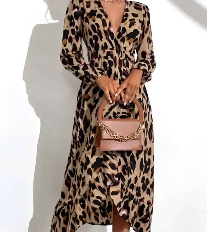Versatile women's leopard print V-neck midi dress, ideal for elegant casual wear and trendy fashion.