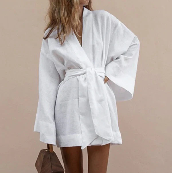 Women's elegant Liora kimono dress. Chic, flowy, & comfortable short dress, perfect for versatile summer fashion.