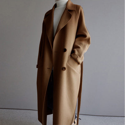 Side view of stylish Isabella women's long wool coat, ideal casual outerwear for fall and winter.