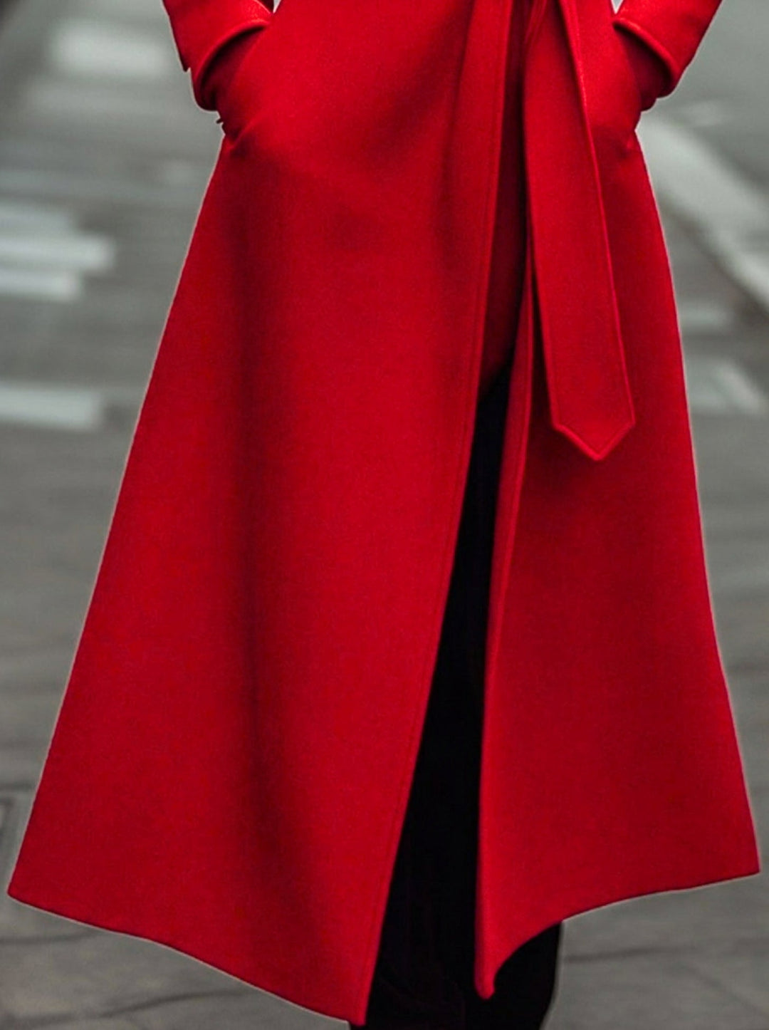 Long red trench coat for women, an elegant and classic belted outerwear for sophisticated fall winter style.