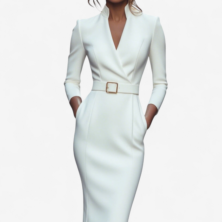Formal women's belted midi dress, featuring long sleeves & an elegant design for a classic, sophisticated look.