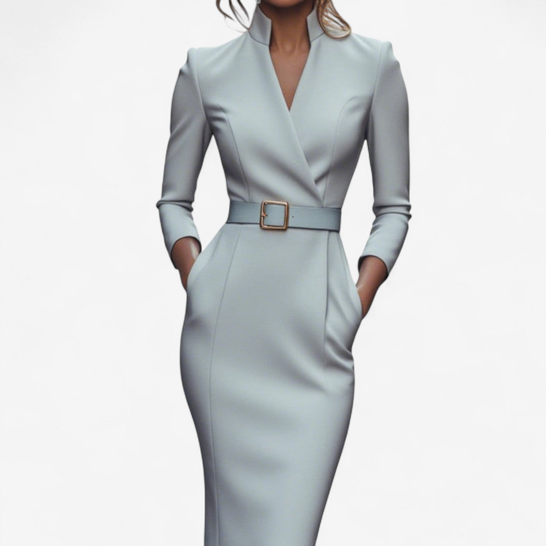 Versatile women's classic midi dress with a stylish belt, offering timeless elegance for various occasions.