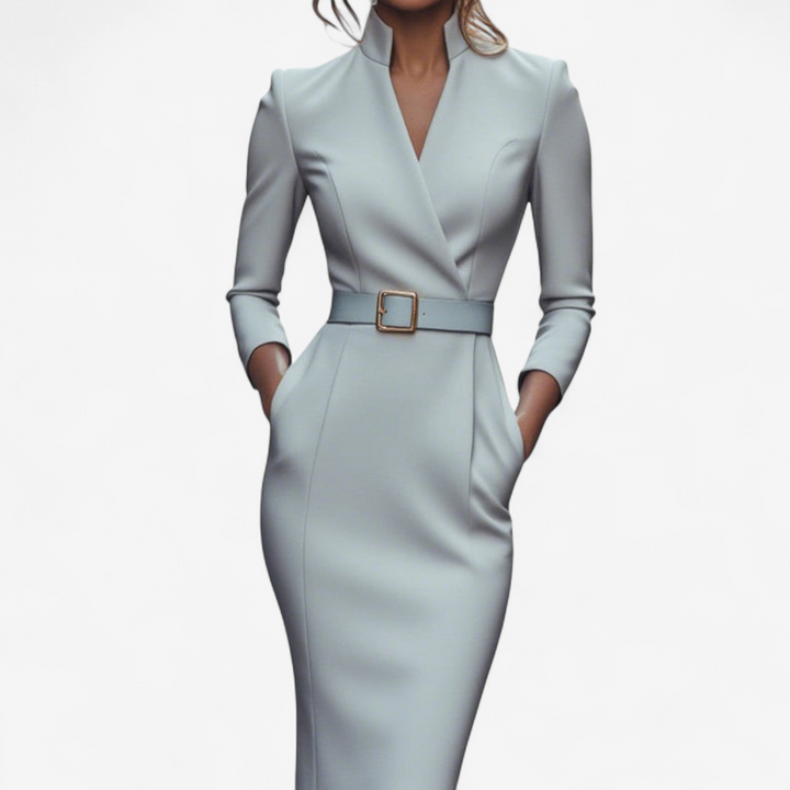 Versatile women's classic midi dress with a stylish belt, offering timeless elegance for various occasions.