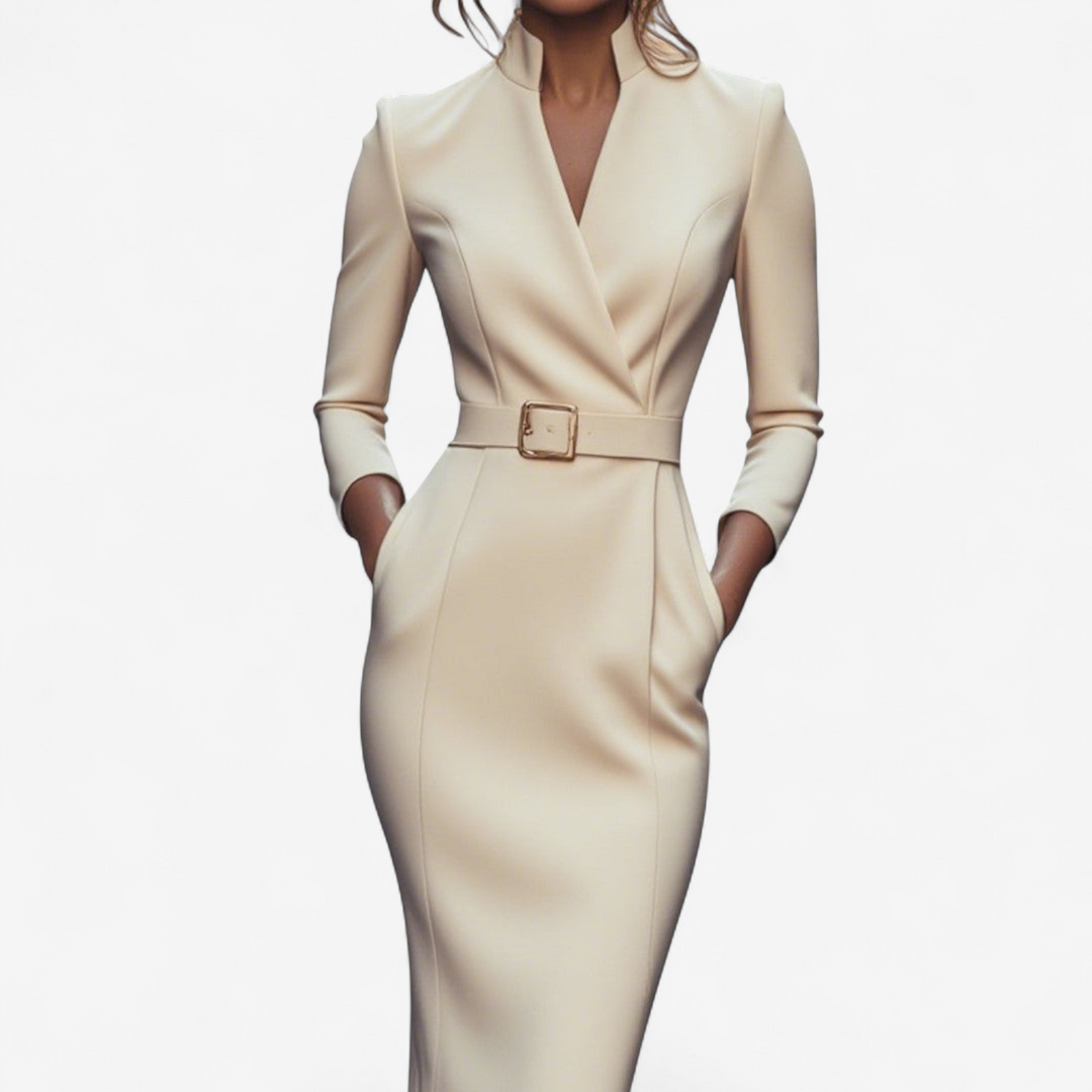 Classic belted midi dress for women, long sleeves, embodying timeless elegance for formal or daily wear.