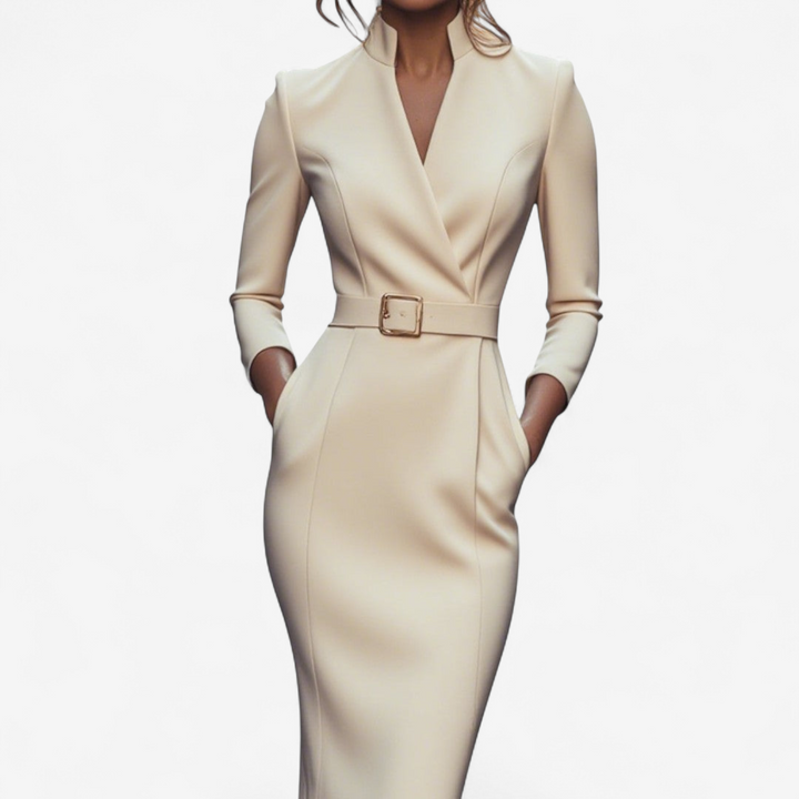 Classic belted midi dress for women, long sleeves, embodying timeless elegance for formal or daily wear.