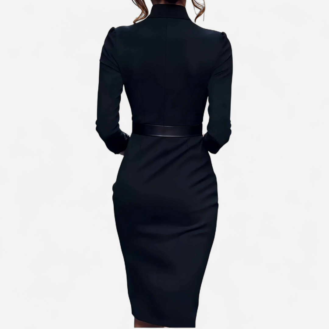 Women's elegant long-sleeve midi dress with a flattering belt, a versatile choice for formal & office settings.