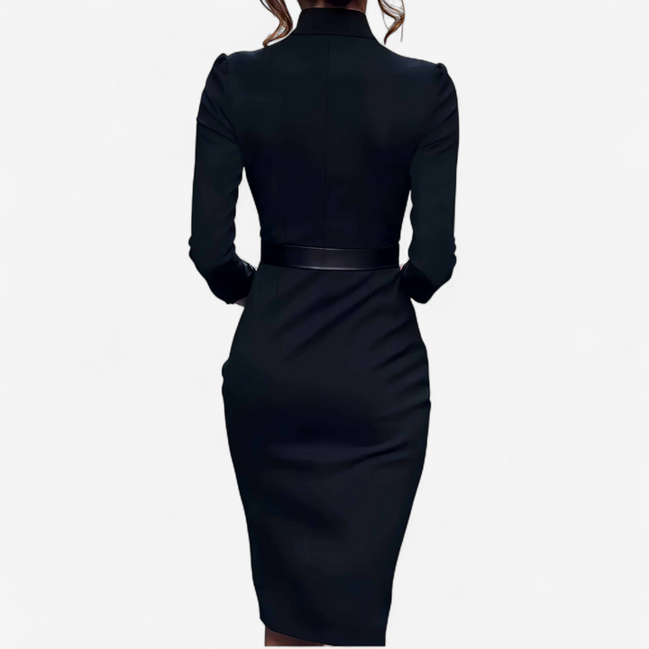 Women's elegant long-sleeve midi dress with a flattering belt, a versatile choice for formal & office settings.
