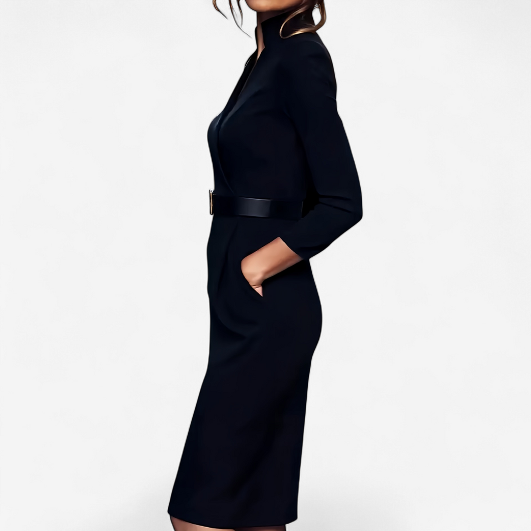 Sophisticated women's midi dress, belted and long-sleeved, perfect for a modest yet elegant office look.