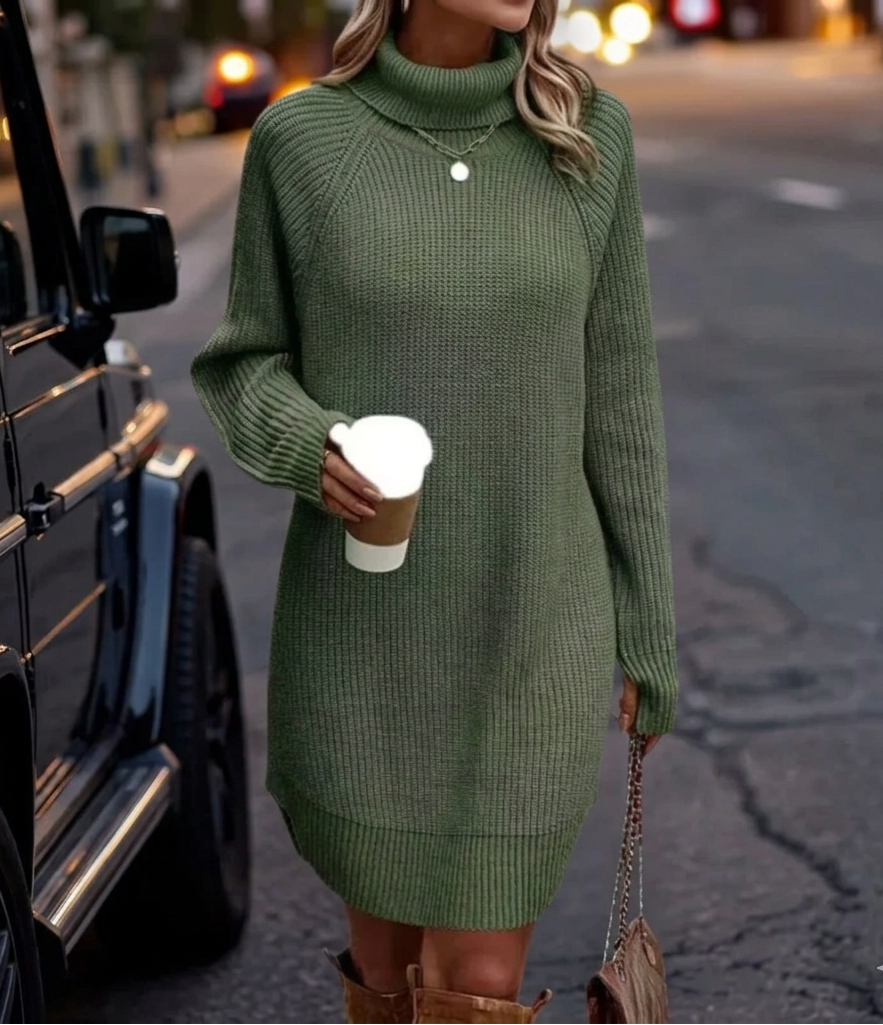 Elegant turtleneck long sleeve knit mini dress. Ideal for casual chic or a stylish night out.