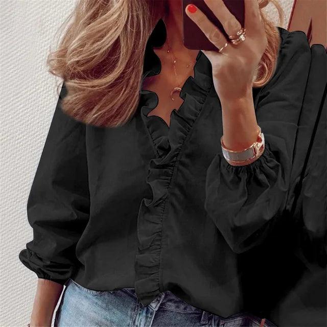 Lightweight long-sleeve ruffle V-neck blouse for women, offering elegant comfort in spring and summer.