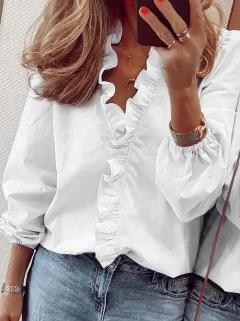 Elegant casual women's ruffle V-neck long-sleeve top, a versatile piece for any wardrobe.