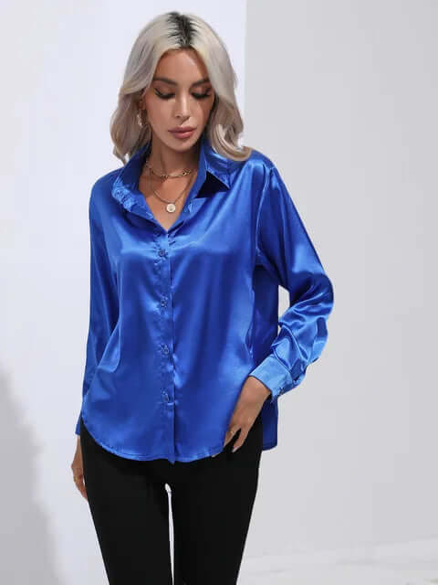 Women's elegant loose fit satin blouse with long sleeves, perfect for chic casual or formal wear.