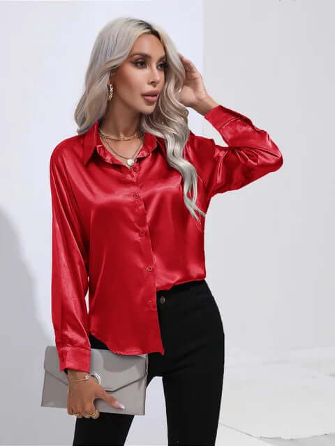 Women's elegant long sleeve satin blouse, offering a luxurious loose fit for any formal event.
