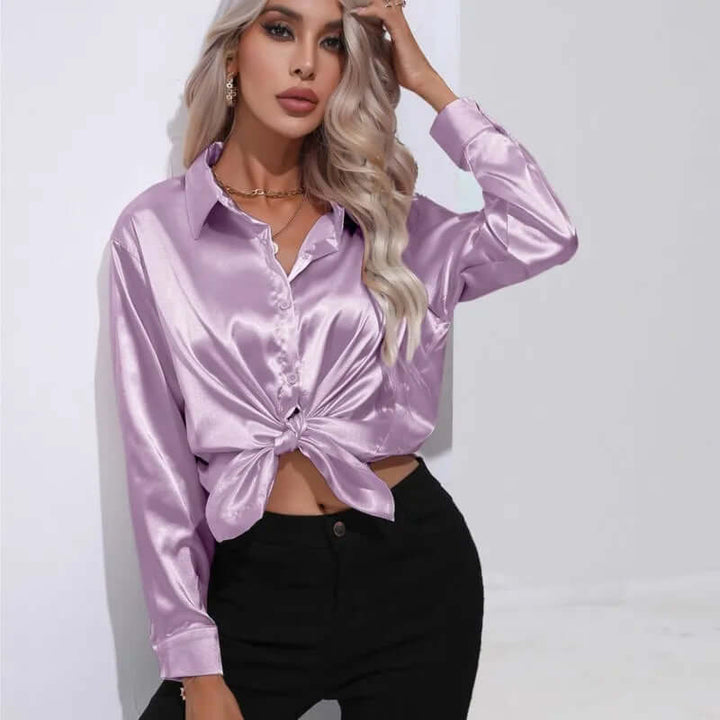 Women's elegant top: loose fit satin blouse with chic long sleeves, perfect for luxury casual.
