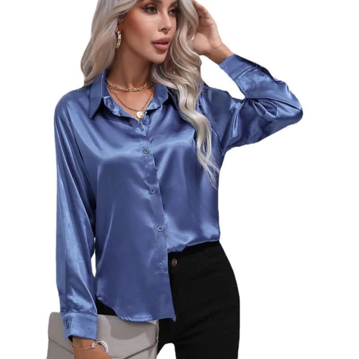Versatile women's apparel: elegant satin long sleeve blouse with a comfortable loose fit.
