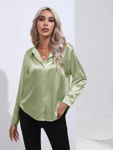 Chic women's loose fit satin blouse, offering sophisticated long sleeve style for any occasion.