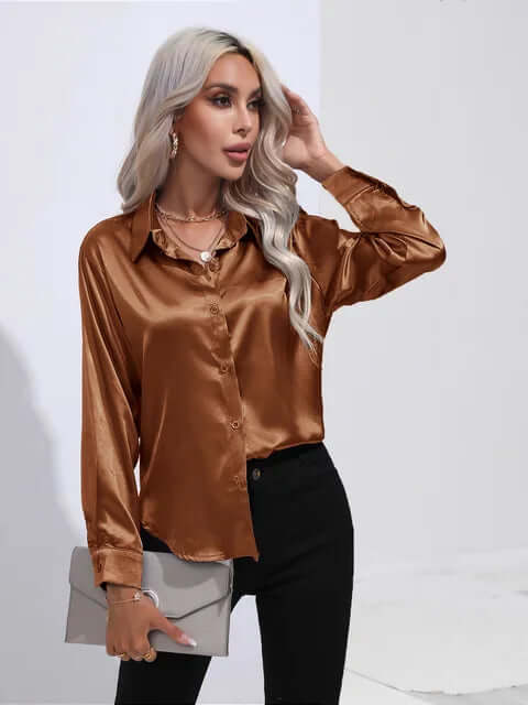 Elegant women's satin long sleeve blouse, a versatile loose fit top for luxury apparel.