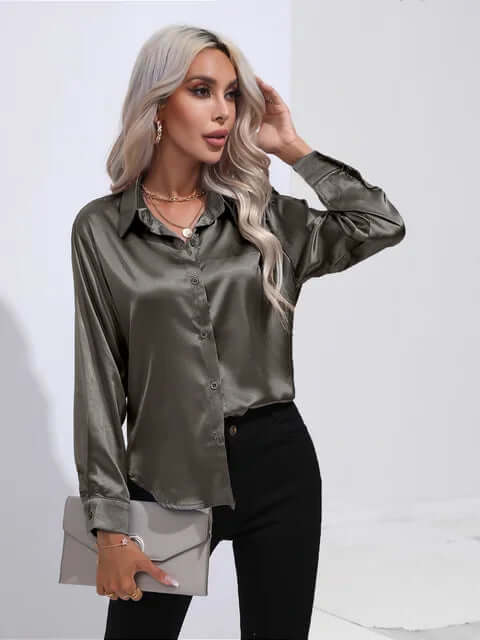 Smooth satin women's blouse, featuring a comfortable loose fit and elegant long sleeves.