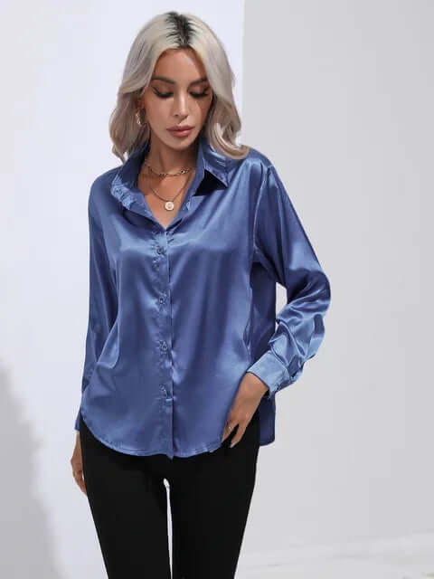 Sophisticated women's loose fit satin blouse, ideal for both casual and formal luxury wear.