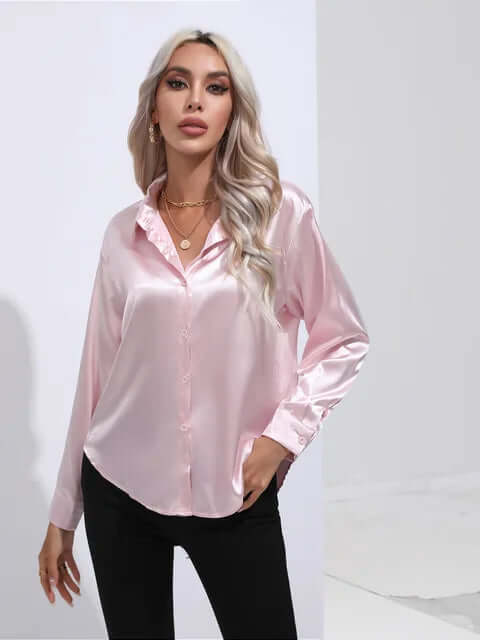 Women's elegant satin long sleeve blouse, a chic loose fit top for stylish daily fashion.