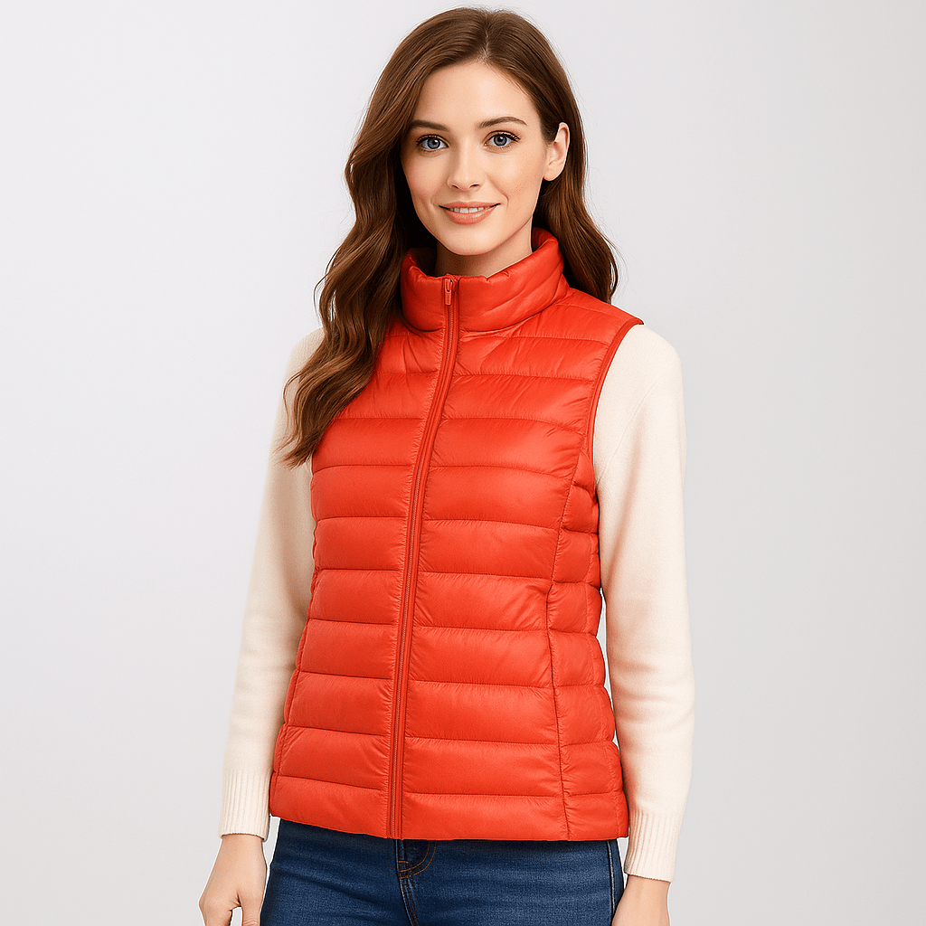 Warm women's bodywarmer jacket, comfortable and versatile for travel, fall, and winter.