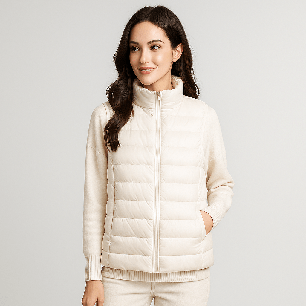 Comfortable women's fall winter jacket, a warm bodywarmer perfect for elegant travel.