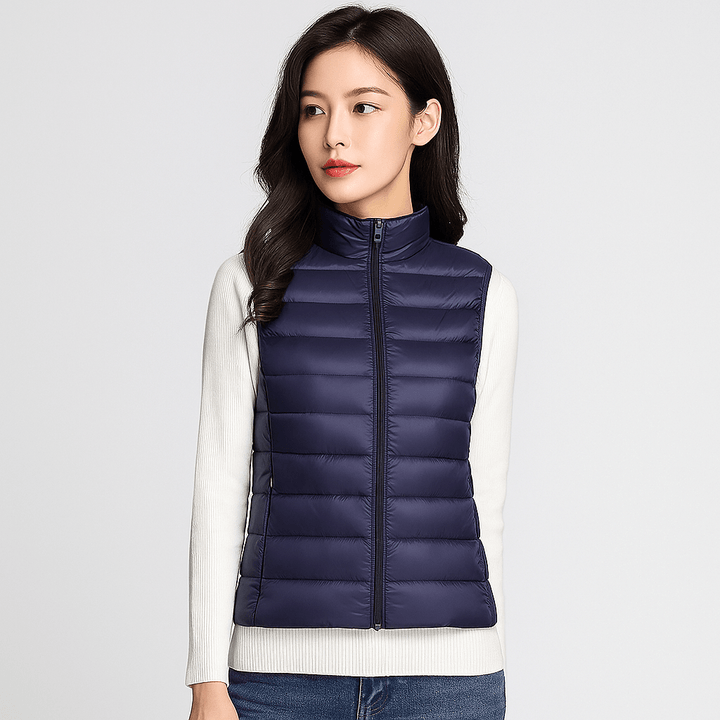 Elegant women's outerwear jacket, lightweight and warm, a comfortable bodywarmer for fall/winter.