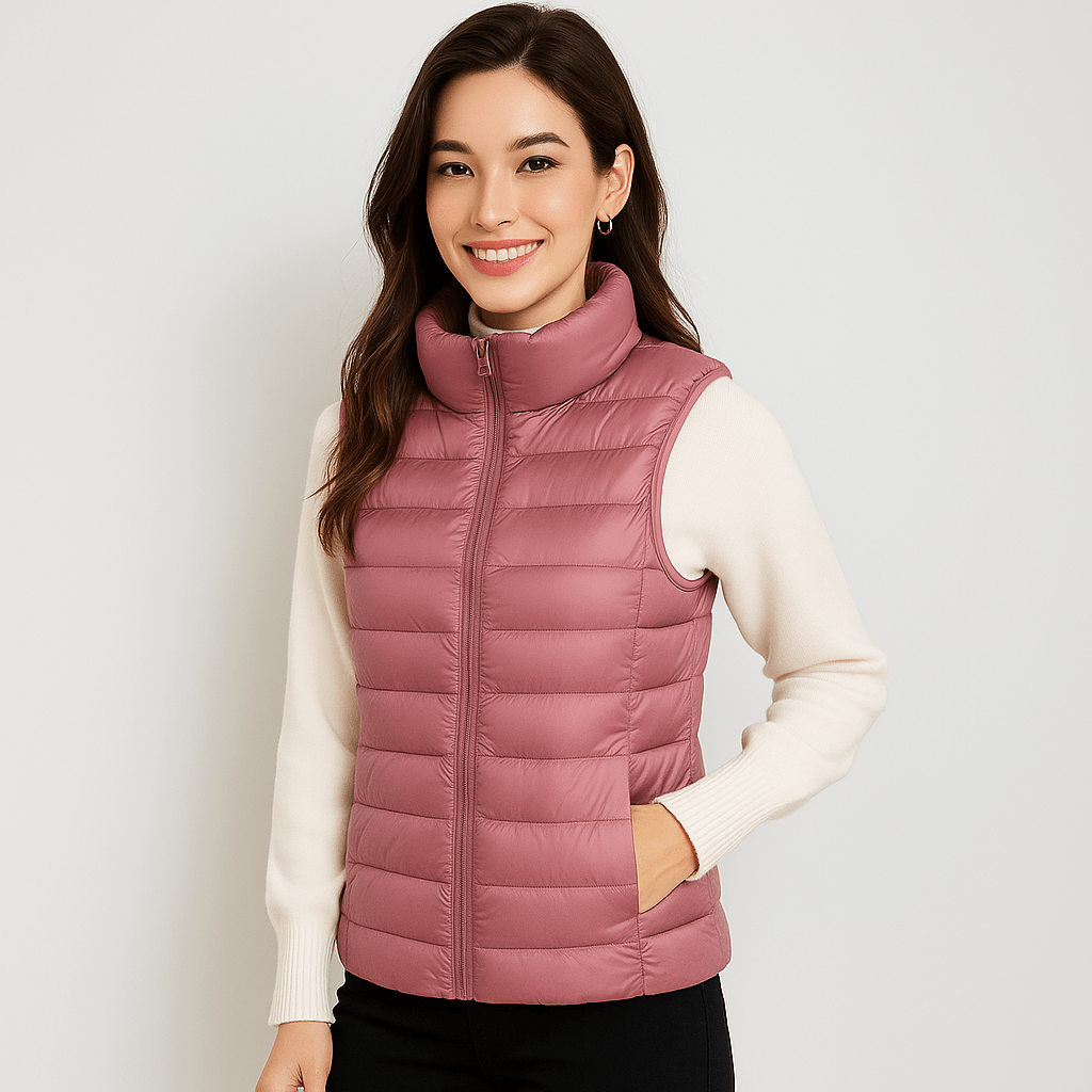Versatile women's travel jacket, a lightweight microlight bodywarmer, warm and comfortable for fall.