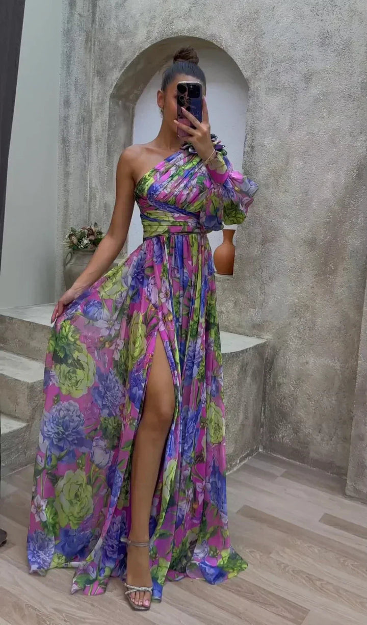 Women's elegant one-shoulder maxi dress, perfect for summer parties, special occasions & event wear.