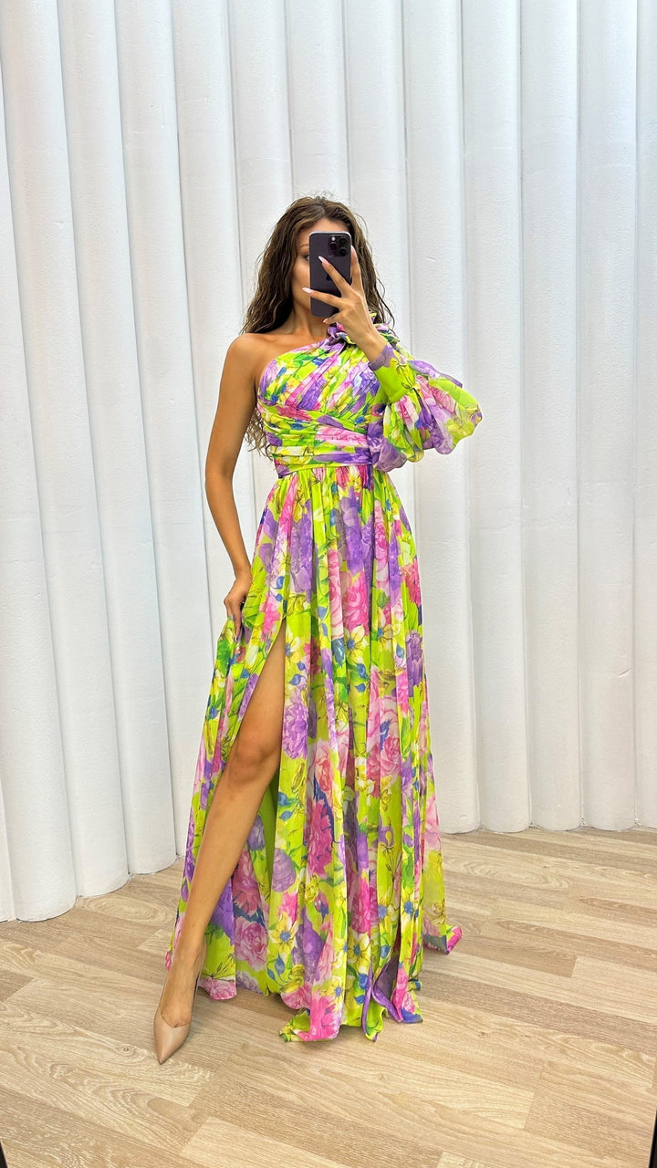 Chic women's one-shoulder maxi party dress, a stunning vibrant option for summer events & evening wear.