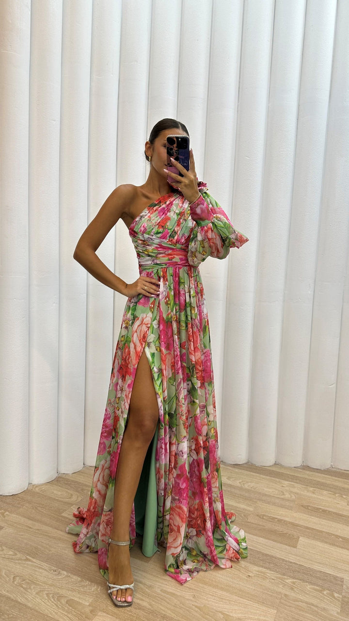 Graceful women's one-shoulder long summer dress, perfect for sophisticated special occasion and event wear.