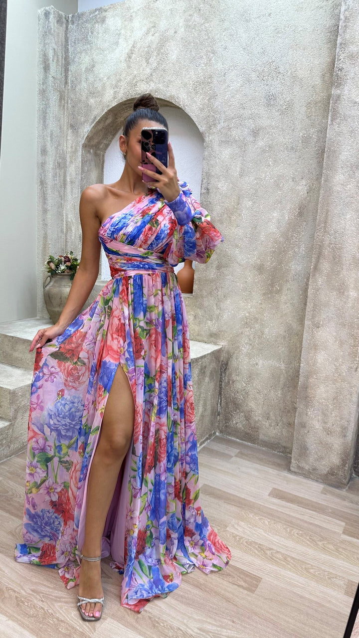 Long vibrant one-shoulder summer maxi dress for women, ideal for elegant outdoor parties & events.