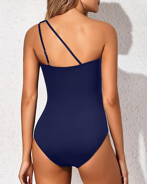 Women's beachwear: One-shoulder swimsuit with tummy control, offering a flattering silhouette.