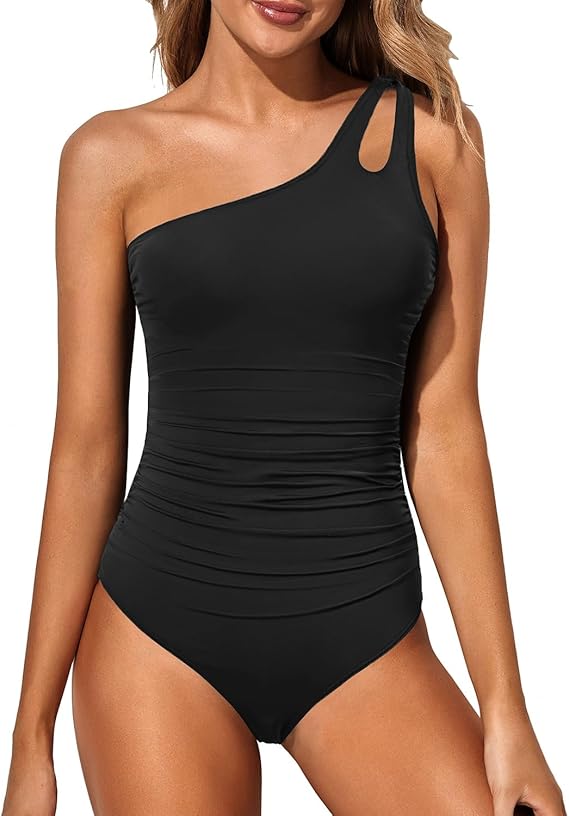 One-shoulder tummy control swimsuit for women, an elegant one-piece perfect for summer.