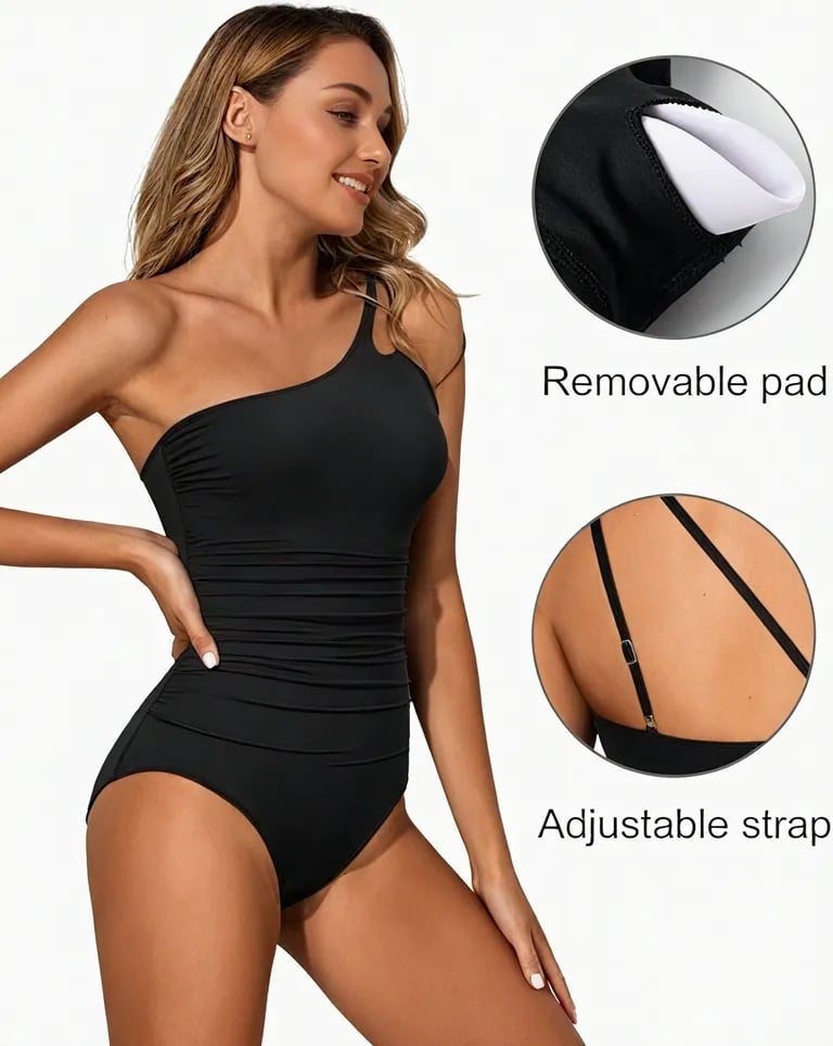 Vacation essential: One-piece women's swimsuit with elegant one-shoulder & effective tummy control.