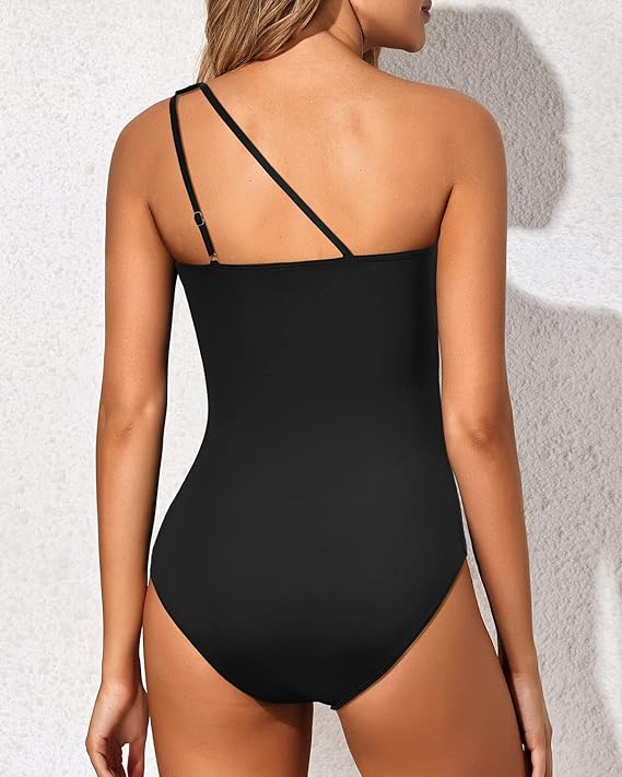 Beach-ready women's one-shoulder swimsuit, offering tummy control and a chic summer look.