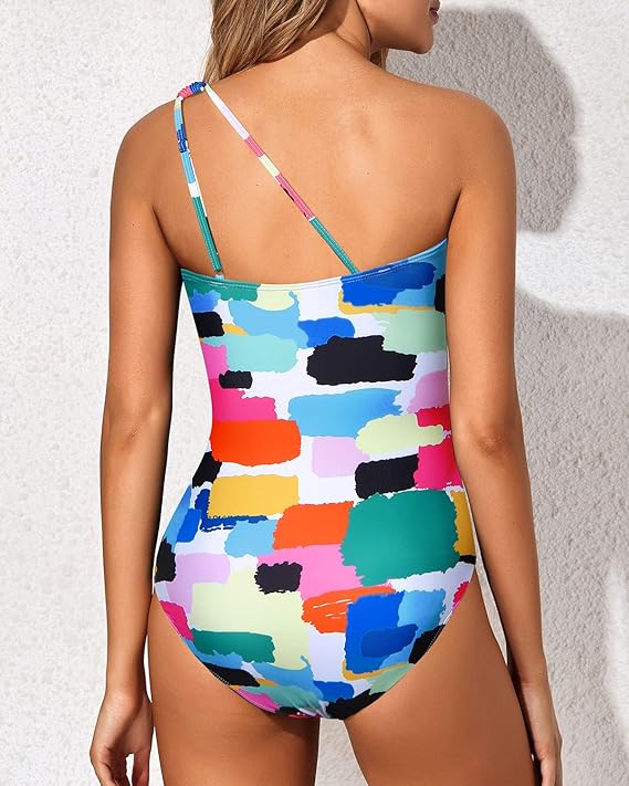 Women's summer swimwear: One-shoulder one-piece with tummy control, enhancing your beach style.