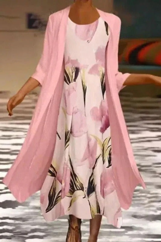 Women's elegant pink floral layered midi dress for spring/summer, perfect for casual daywear & spring fashion.