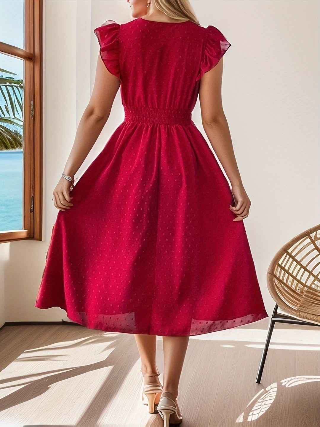 Summer women's elegant V-neck midi dress with delicate ruffle sleeves and a comfortable smocked waist design.