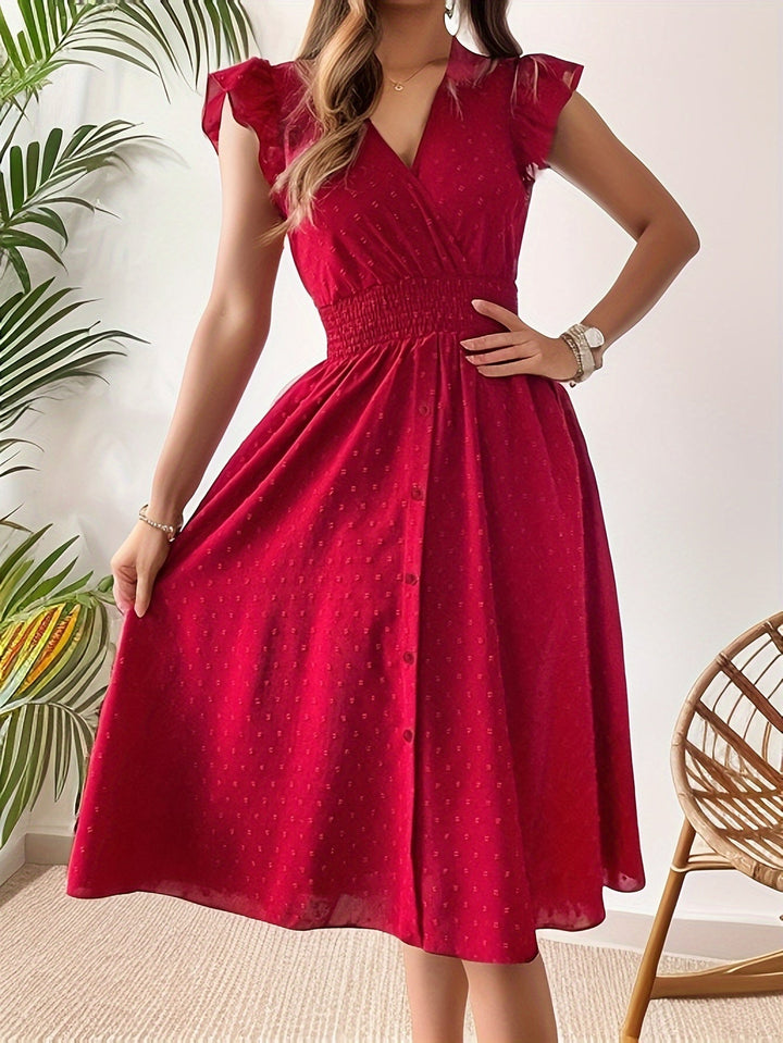Black elegant women's V-neck midi dress with ruffle sleeves & smocked waist. Casual summer day dress for women.